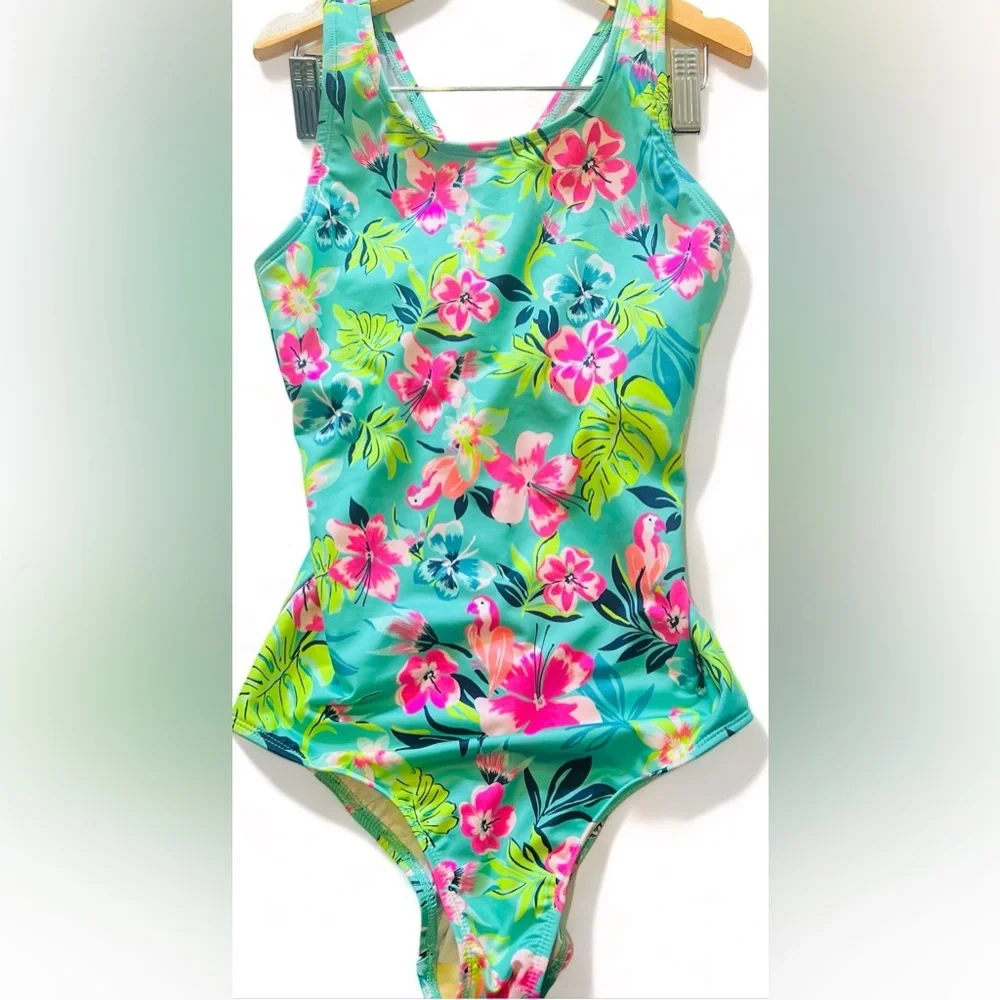 Lands End Jewel Green Tropic Print One Piece Swimsuit